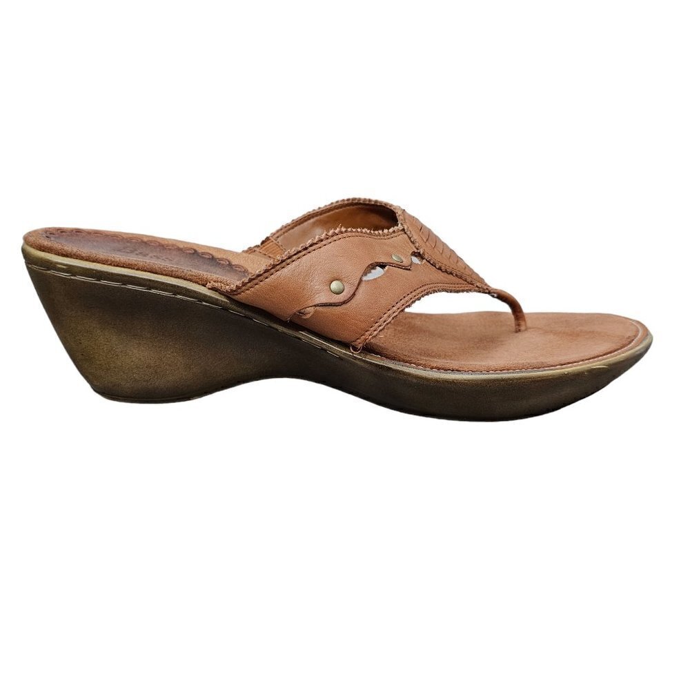 ❤️Bass Marbella Wedge Leather Brown Thong Slip On Sandal